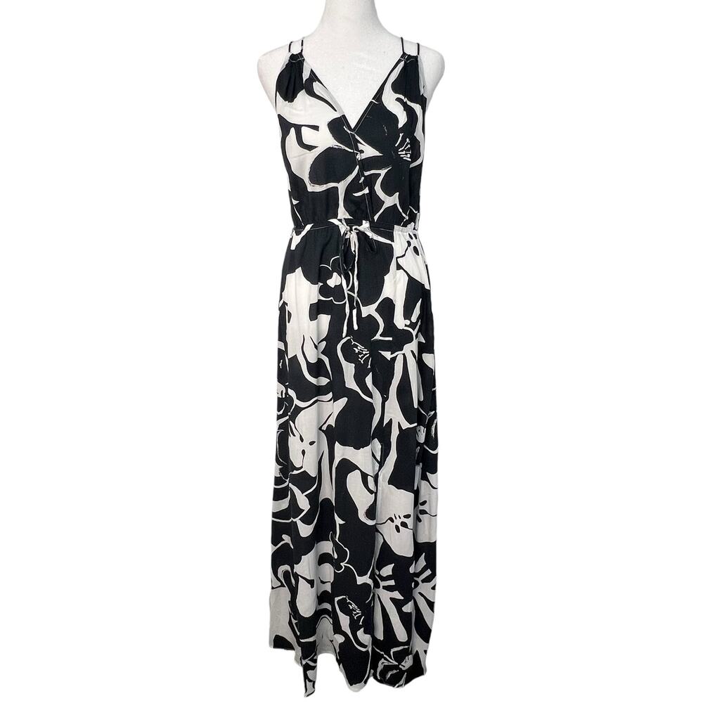 Elan Small Maren Maxi Dress Black White Front Slit Cruise Wear V Neck Boho Flowy - Picture 3 of 16